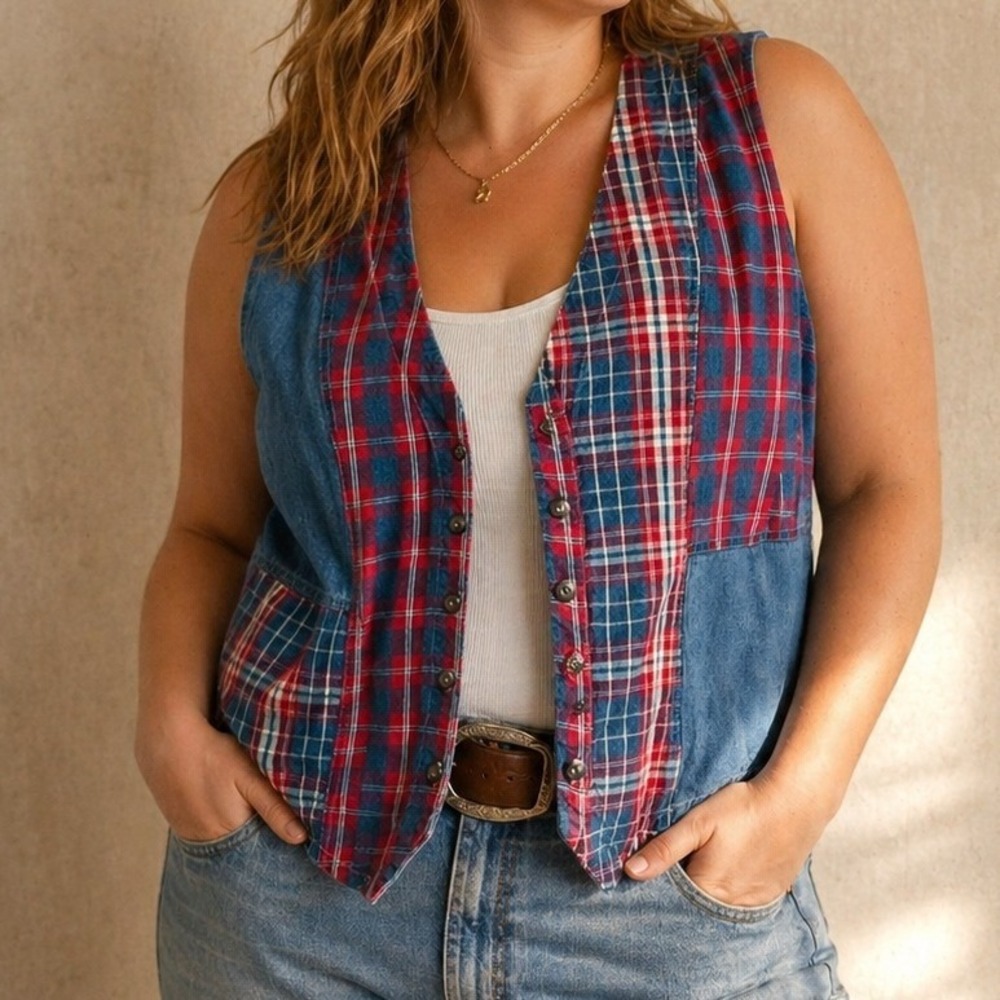 Vintage Stampede Denim Plaid Vest USA 90s Western Patchwork‎ Button L